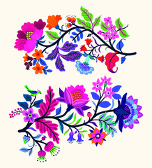Vector Oriental motif of flowers. Original Floral design with of a woody vine with exotic flowers, tropic leaves and smaller birds. Tree of life Colorful flowers on a white background. Folk style. © ann_and_pen