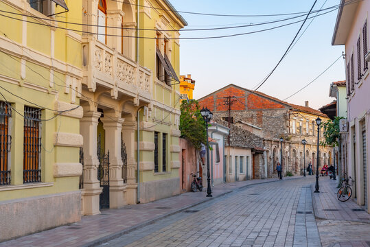Narrow street of the old town of Shkoder during sunset, Albania