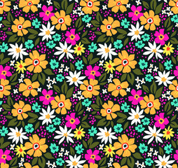Fototapeta na wymiar Fantasy seamless floral pattern with colorful flowers and leaves on a black background. The elegant the template for fashion prints. Modern floral background.