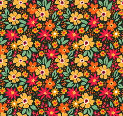 Elegant floral pattern in small yellow and red flowers. Liberty style. Floral seamless background for fashion prints. Ditsy print. Seamless vector texture. Spring bouquet.