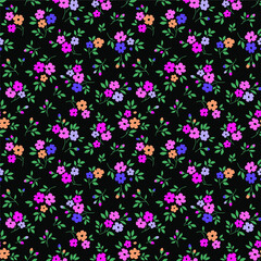 Fototapeta na wymiar Simple cute pattern in small colorful flowers on black background. Liberty style. Ditsy print. Floral seamless background. The elegant the template for fashion prints.