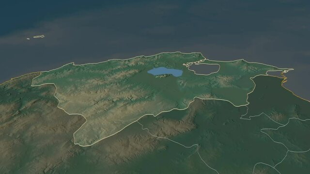 Bizerte, governorate with its capital, zoomed and extruded on the relief map of Tunisia in the conformal Stereographic projection. Animation 3D