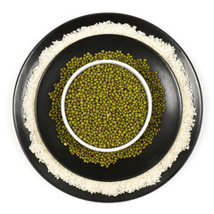 Mash. Mung bean on a plate, on a white background. View from above. Isolated photo. Bean concept