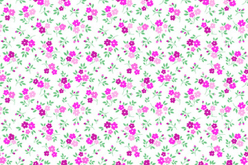 Simple cute pattern in small pink and purple flowers on white background. Liberty style. Ditsy print. Floral seamless background. The elegant the template for fashion prints.