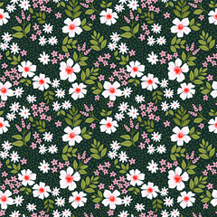 Cute floral pattern in the small flower. Ditsy print. Motifs scattered random. Seamless vector texture. Elegant template for fashion prints. Printing with small white  flowers. Dark green background.