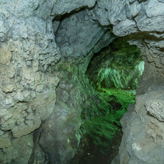 Tunel prowadzący do wyjścia z jaskini - obrazy, fototapety, plakaty