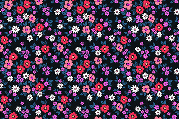 Vintage floral background. Seamless vector pattern for design and fashion prints. Flowers pattern with small flowers on a black background. Ditsy style.