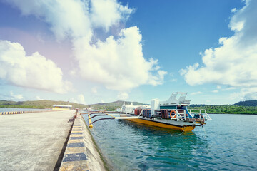 Travel by Philippines. Beautiful summer landscape with tropical sea shore and pier.