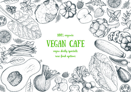 Vegetables top view frame. Farmers market menu design template. Organic vegetables food poster. Vintage hand drawn sketch vector illustration. Linear graphic. Engraved style.
