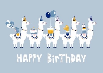 Happy birthday card with cute cartoon llama design. © Mrs Opossum