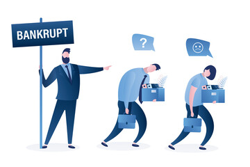 Dismissed business people. Fired office workers holds boxes with papers