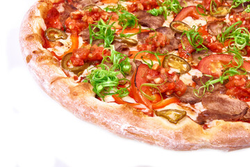 Meat pizza with jalapeno isolated on white background