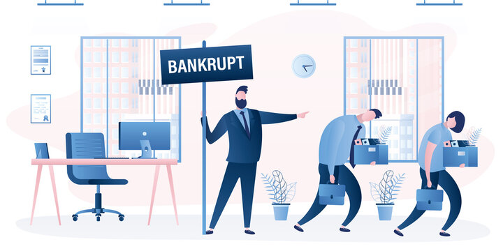 Businessman bankrupt dismiss group of employees. Dismissed business people. Fired office workers