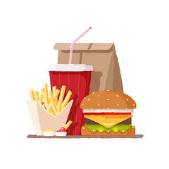 Fast food. Hamburger. French fries and soda in a glass. Vector illustration in flat style.
