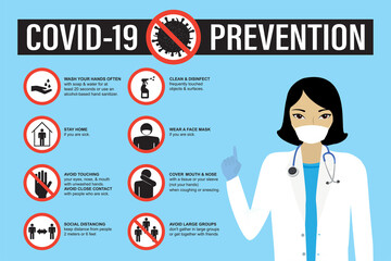 Infographic of prevention coronavirus banner template. Wash hands, avoid touching face, disinfect and stay home.