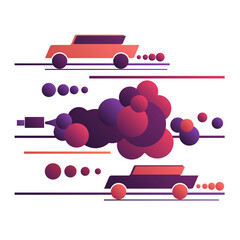 Cars in toxic clouds of exhaust. Environmental pollution by car exhaust gases, poisoned air. Traffic jam and black smoke, smog. Vector illustration, flat design