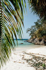 Thailand, 2020: paradise beach with white sand and bright blue ocean with one palm tree leaf on foreground