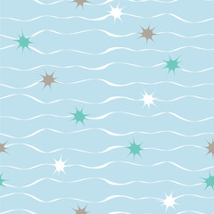 Vector blue repeat pattern with white waves and blue, white and brown stars. Surface pattern design.