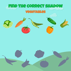Educational game for children. Find the correct shadow. Find vegetables. Mini-game for children.
