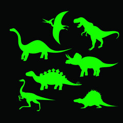 Silhouettes of dinosaurs, green on a black background, vector illustration
