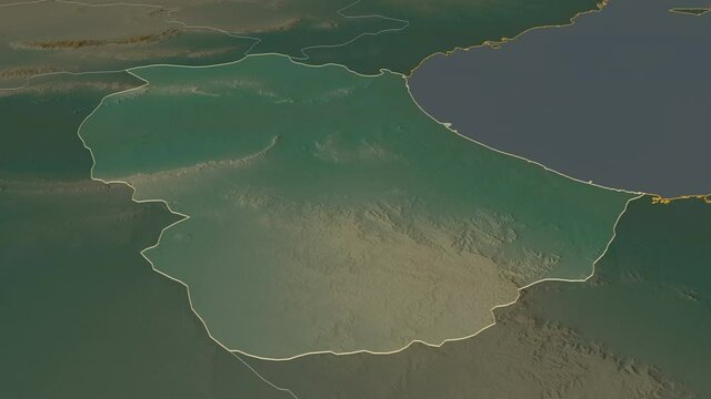 Gab&egrave;s, governorate with its capital, zoomed and extruded on the relief map of Tunisia in the conformal Stereographic projection. Animation 3D