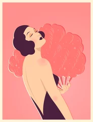 Crédence en verre imprimé Corail Belle fille des années 20 en robe de soirée avec un éventail vintage de style art déco. Illustration vectorielle plane.