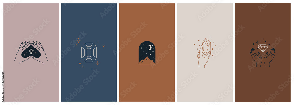 Poster Vector abstract logo design template in trendy linear minimal style - hands and diamond