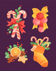 Obraz na płótnie Canvas A set of Christmas balls with a bow, a slice of orange with cinnamon, candy canes in a sock and holly leaves. Decor for new year card. Flat vector illustration.