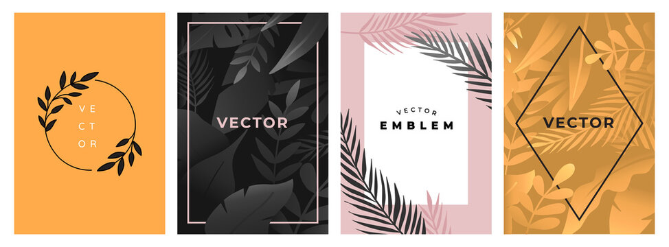 Vector set of abstract backgrounds with copy space for text, leaves and plants -  posters, packaging cover design templates, social media stories wallpapers