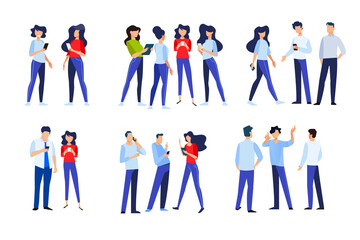 Flat design style illustration of people in different poses, communicate and use a mobile phone. Vector concept for website banner, marketing material, business presentation, online advertising.