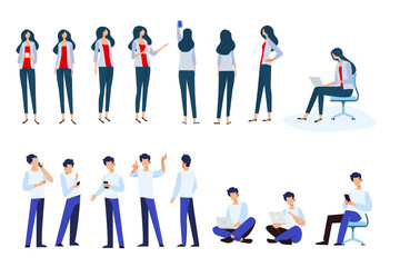 Flat design style illustrations of woman and man in different poses, use electronic devices. Vector concepts for website banner, marketing material, business presentation, online advertising.