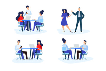 Flat design style illustrations of teamwork, office, meeting, business situation. Vector concepts for website banner, marketing material, business presentation, online advertising.
