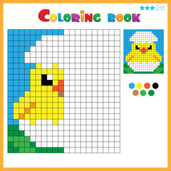 Chick with egg. Color the image symmetrically. Coloring book for kids. Colorful Puzzle Game for Children with answer.