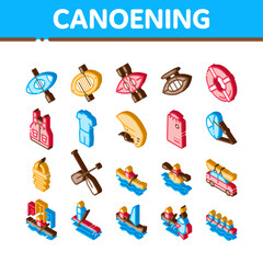 Fototapeta na wymiar Canoeing Elements Icons Set Vector. Isometric Canoe Transportation On Car And Canoening Protection Safety Life Equipment Illustrations