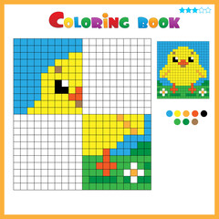 Chick or chicken. Color the image symmetrically. Coloring book for kids. Colorful Puzzle Game for Children with answer.