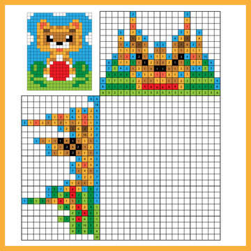 Cat with ball. Colorful japanese crossword with answer. Color by numbers. Coloring book for kids. Nonogram. Puzzle Game for school Children.