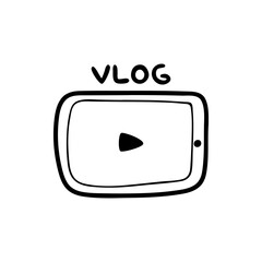 Vector illustrationDoodle illustration of a video player with a play icon. Contour vector illustration isolated on a white background.