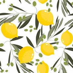 Citrus floral seamless pattern with colorful lemons and olive branch. Summer background with graphic yellow fruits. Citrus textile texture with fruits.