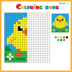 Chick or chicken. Color the image symmetrically. Coloring book for kids. Colorful Puzzle Game for Children with answer.