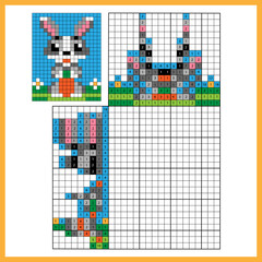 Rabbit or hare with carrot. Colorful japanese crossword with answer. Color by numbers. Coloring book for kids. Nonogram. Puzzle Game for school Children.