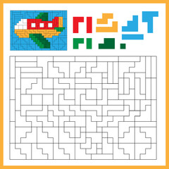 Airplane. Color the image using shapes. Coloring book for kids. Colorful Puzzle Game for Children with answer.