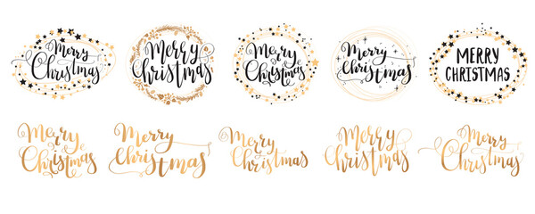 Merry Christmas lettering set in round golden frame with stars.