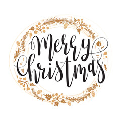 Merry Christmas lettering with hand drawn floral elements.