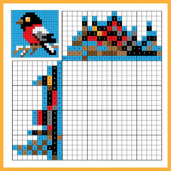 Bullfinch. Colorful japanese crossword with answer. Color by numbers. Coloring book for kids. Nonogram. Puzzle Game for school Children.