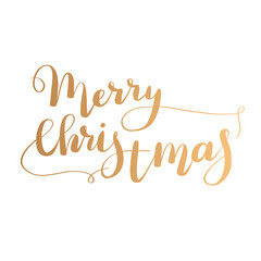 Merry Christmas lettering in golden color. Hand drawn calligraphy.