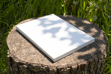 Blank clean magazine, book lying on a stump stage outdoors with floral shadow as template for design presentation, event promotion, portfolio etc. Camping nature vacation concept.