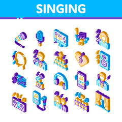 Singing Song Elements Vector Icons Set. Isometric Singer And Musical Notes, Microphone And Headphones, Concert, Opera And Singing In Karaoke Illustrations