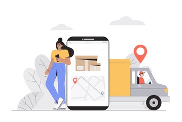 Safe delivery and courier service concept, a young woman makes order in online store, big screen phone with tracking courier's location. Flat style vector illustration for web banner, landing page.