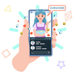 Female streaming cooking video bloggers on mobile smartphone screens. Vlogger making diet food content. Famous creative culinary influencers. Vector illustration flat design for banner, and website.