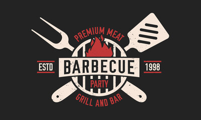 Barbecue vintage logo. BBQ party template logo with spatula and grill fork. Modern design poster. Label, badge, poster for steak house, barbecue party, restaurant. Vector illustration